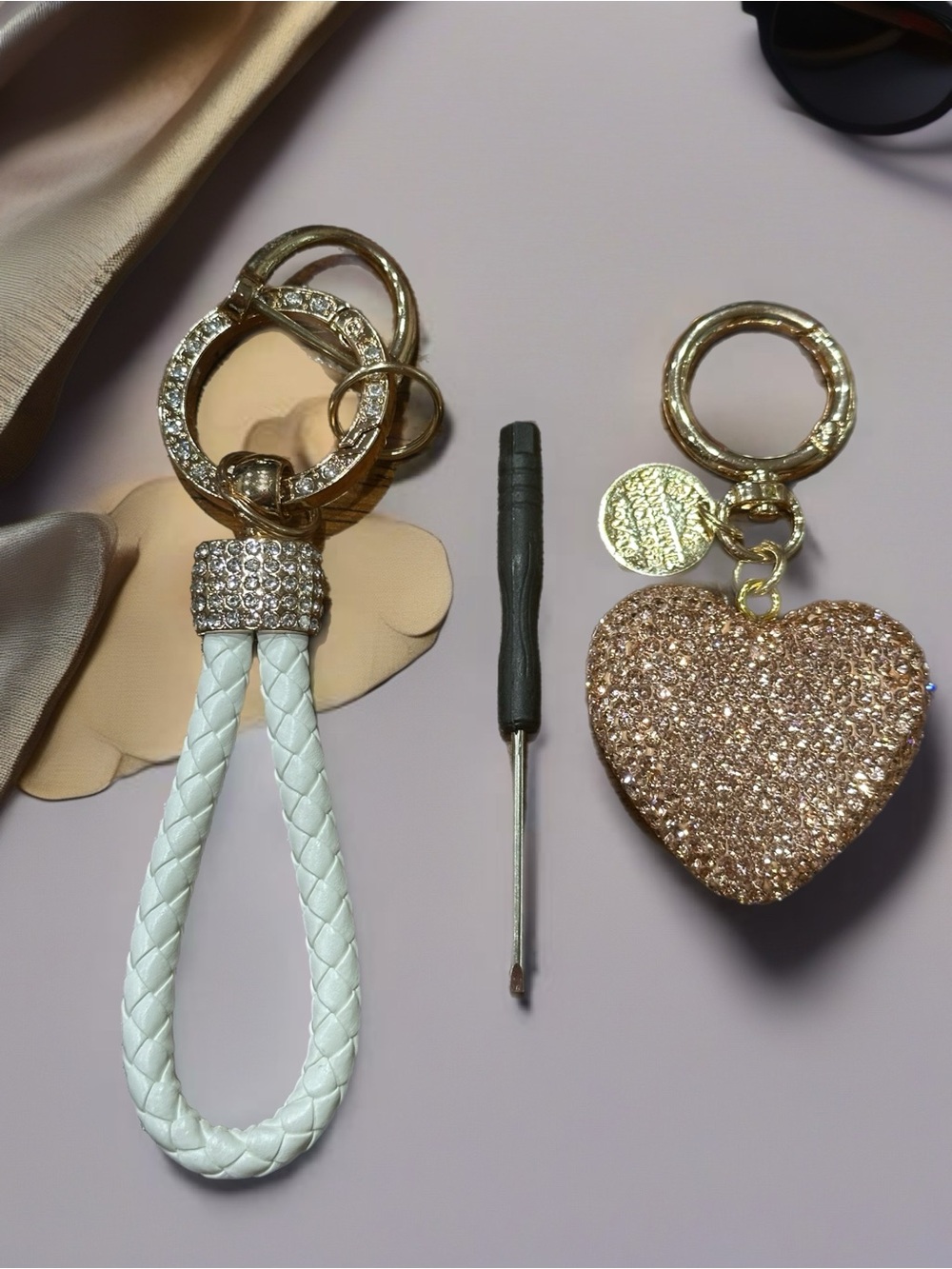Gold Glitter Heart Keychain & White Braided Loop Keyring Set